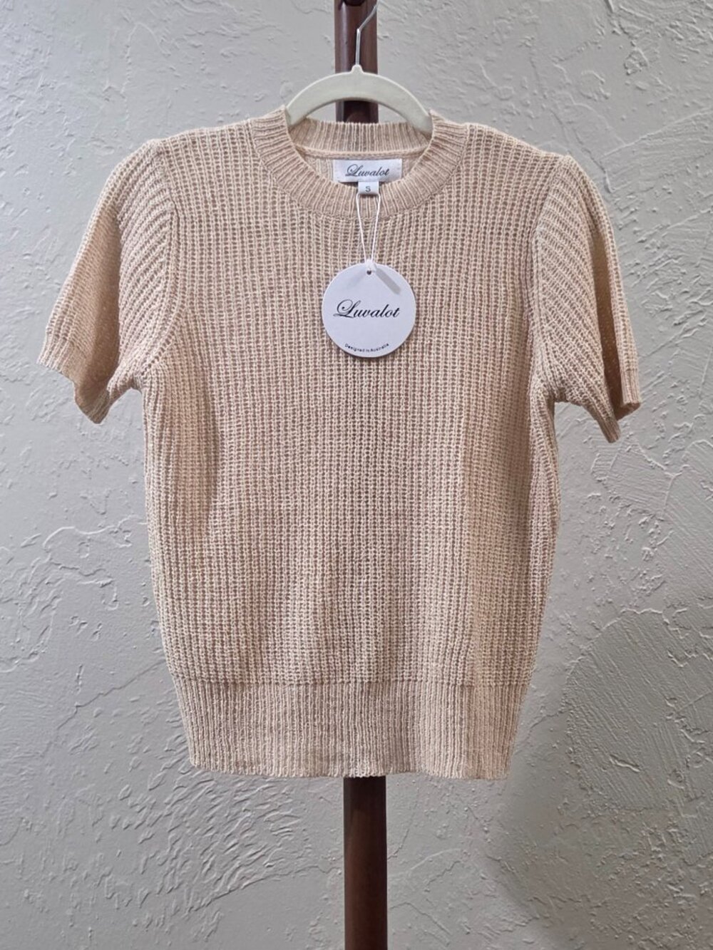 Beige Short Sleeve Open Knit Top